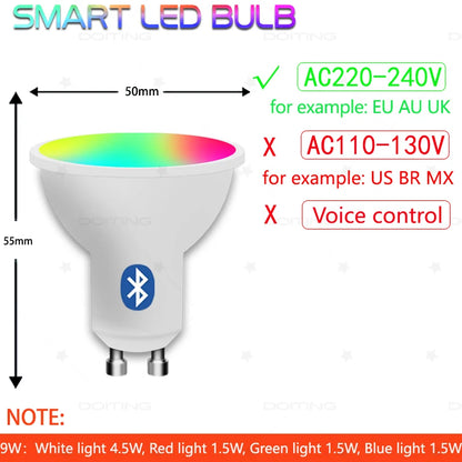 220V Tuya GU10 Lamp Bluetooth RGBCW White Dimmable Led Bulbs Smart Life App Control Spotlight For Home Wall Projection Light